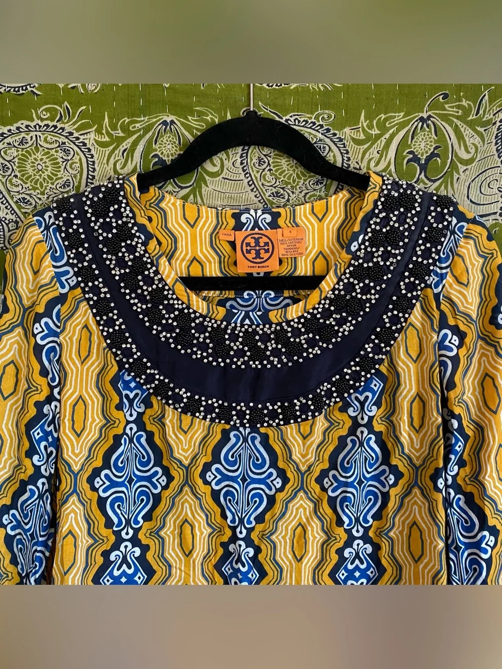 Tory Burch Odie Yellow/ Blue/ White Embellished Tunic Blouse Medium Resort Wear